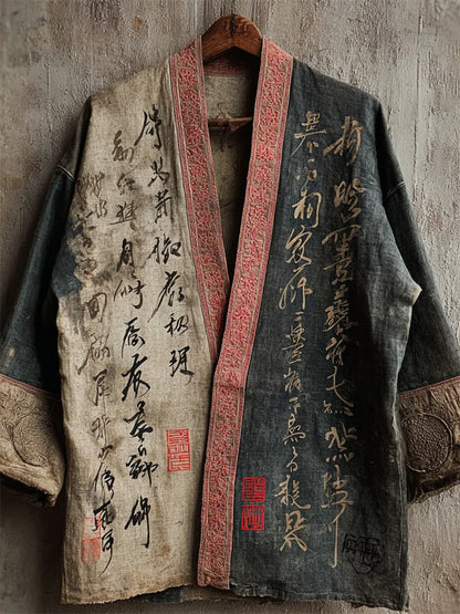 Cardydony Japanese Calligraphy Art Contrast Linen Kimono