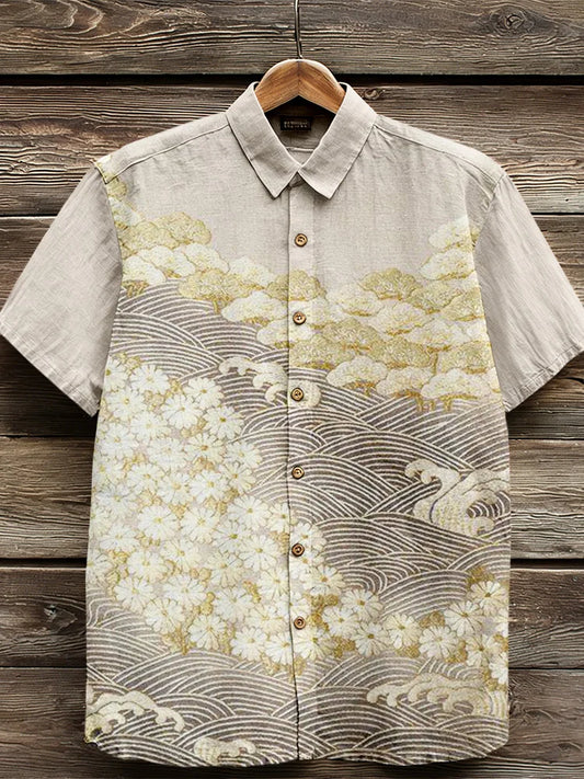 Cardydony Vintage Japanese Art Pattern Comfy Linen Shirt