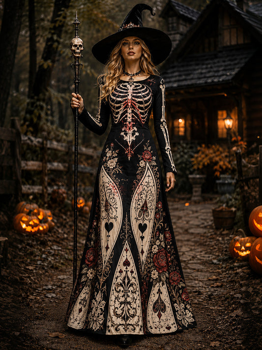 Cardydony Women's Retro Halloween Gothic With Floral Pattern Print Round-neck Maxi Dress