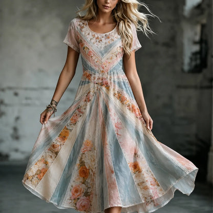 Cardydony Women's Retro Bohemian Rose Patchwork Chiffon Round Neck Dress