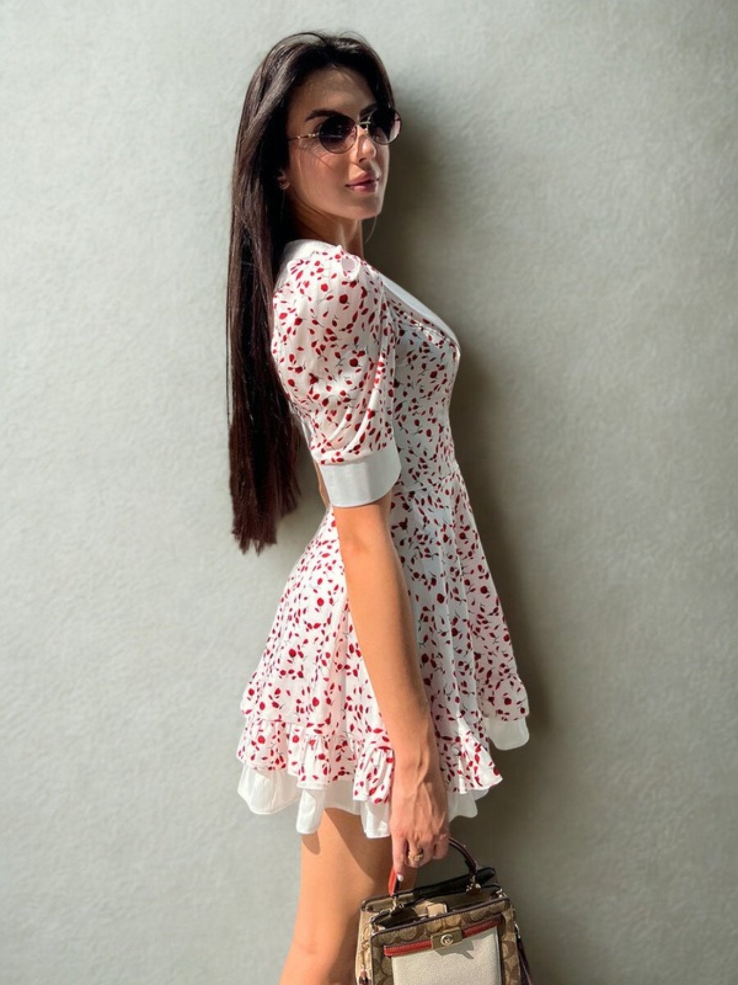 Cardydony Women's Red Floral Puff Sleeve Mini Dress with Doll Collar – Vintage Summer A-Line Dress