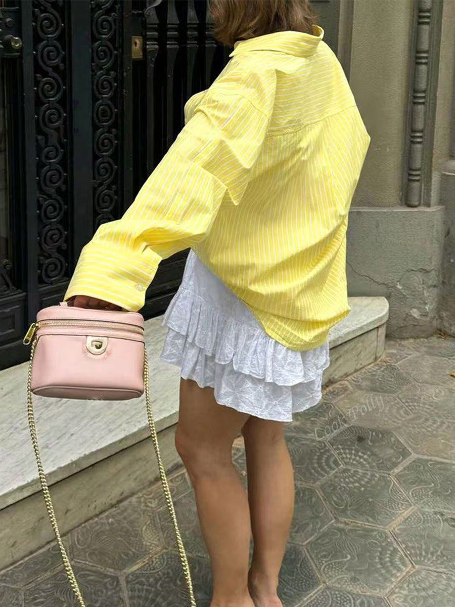 Cardydony Women's Yellow Striped Shirt – Oversized Button Down Long Sleeve