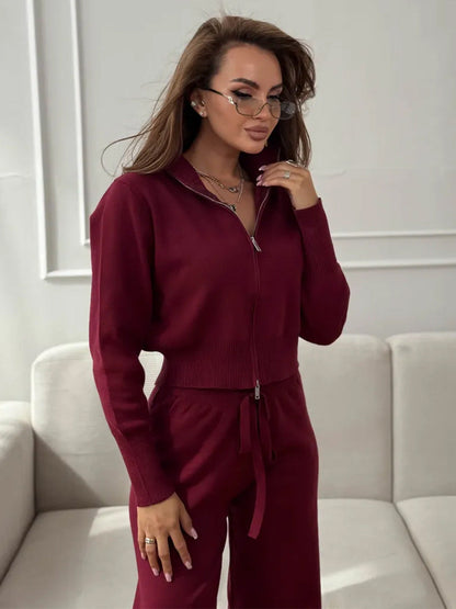 Cardydony Women's Women's Knit 2 Piece Set – Drawstring Wide Leg Pants with Zip Jacket Top