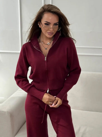 Cardydony Women's Women's Knit 2 Piece Set – Drawstring Wide Leg Pants with Zip Jacket Top
