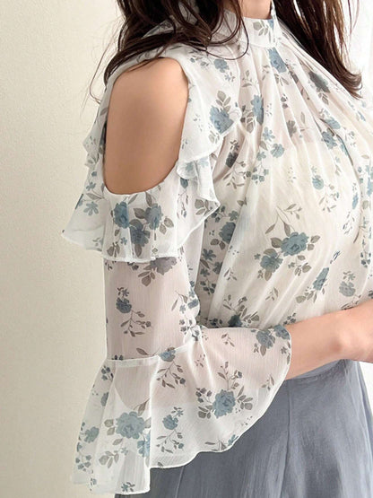 Cardydony Women's Floral Cold Shoulder Chiffon Blouse with Ruffle Sleeves – Summer Top