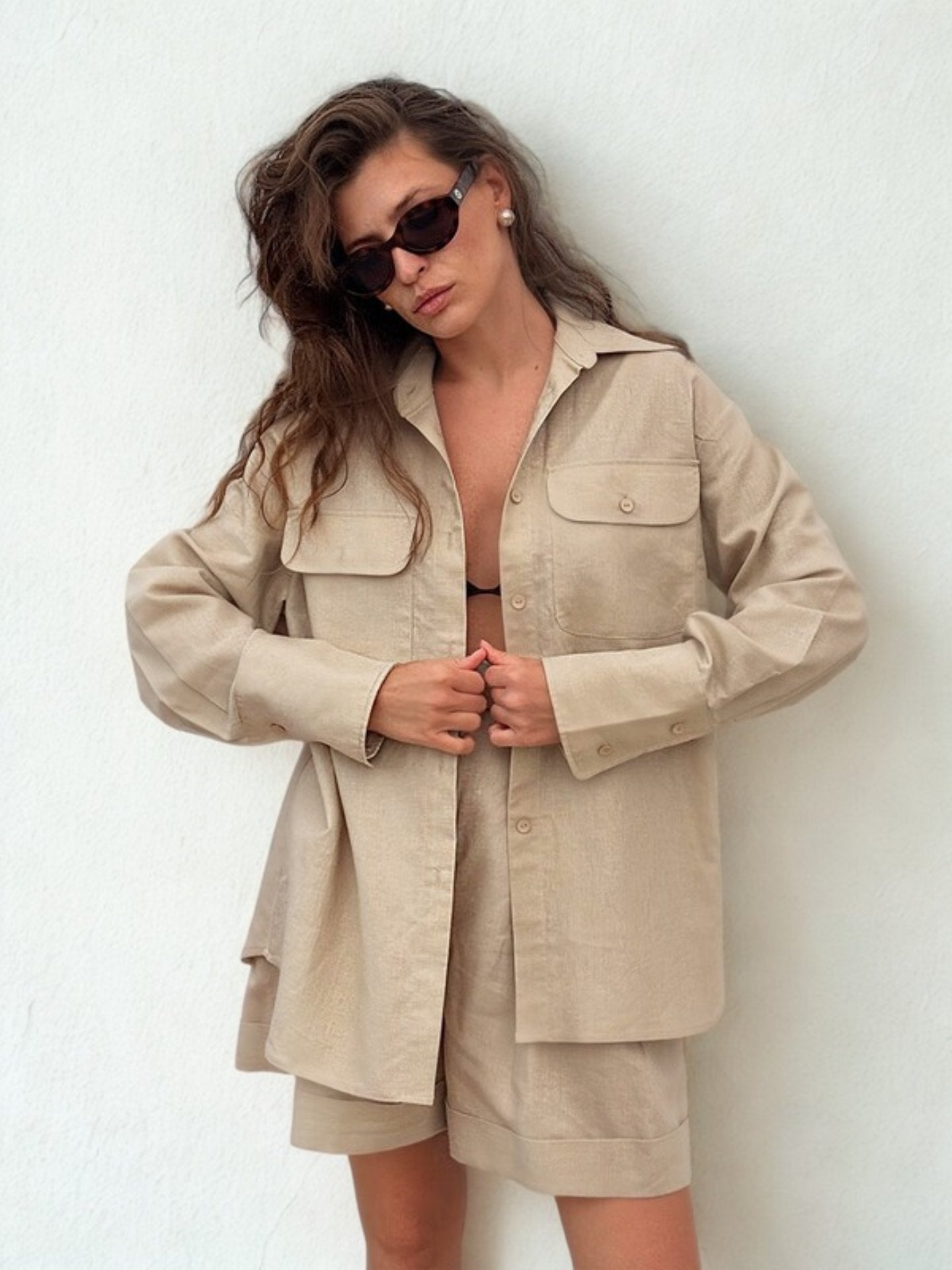 Cardydony Women's Cotton Oversized Shirt and Shorts Set – Khaki 2-Piece Summer Outfit