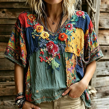 Cardydony Women's Retro Bohemian Hippie Style Floral Embroidery Print Patchwork Short-sleeve V-neck Top