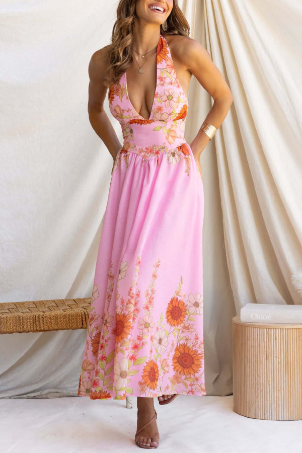 Cardydony Women's Sunflower Print V-neck Fitted Waist Elegant Maxi Dress