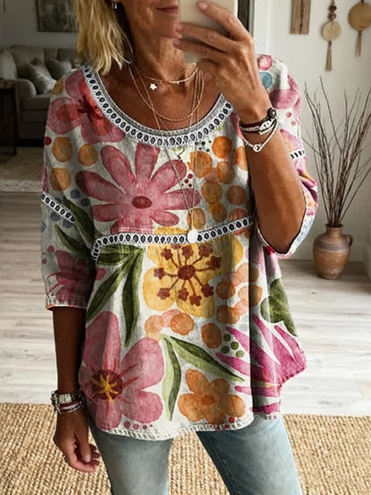 Cardydony Women's Retro Floral Art Pattern Cotton Linen Casual Round Neck T-shirt