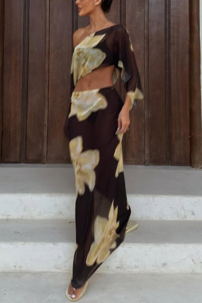 Cardydony Women's Floral Print Off-shoulder Long-sleeved Loose Top and Elegant Drawstring Maxi Skirt Set