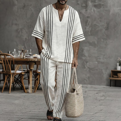 Cardydony Men's Casual Summer 100% Cotton Striped Matching Set