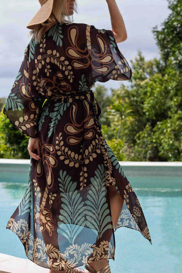 Cardydony Women's Bohemian Style Unique Printed Chiffon Loose-fitting Belted Maxi Dress