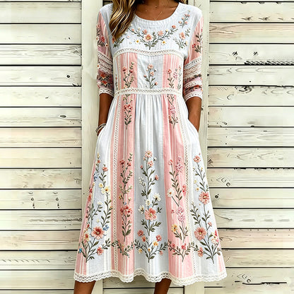 Cardydony Vintage Floral Vine 3d Art Embroidery Spliced Cotton Linen Distressed Round Neck Mid-sleeve Dress