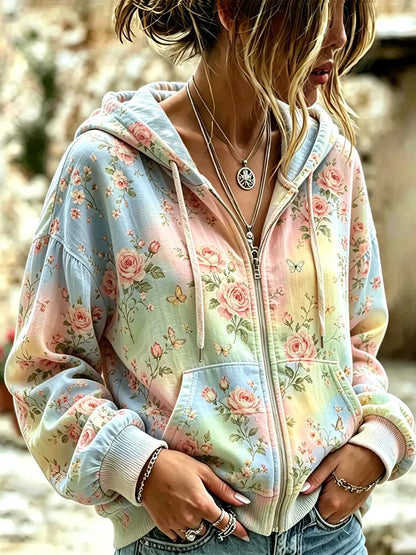 Cardydony Vintage Pink Rose Art Tie-dye Zip-up Hoodie