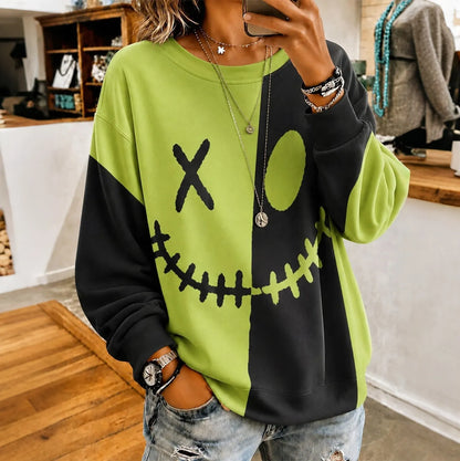 Cardydony Women's Halloween Ghostly Face Color Blocking Print Casual Sweatshirt