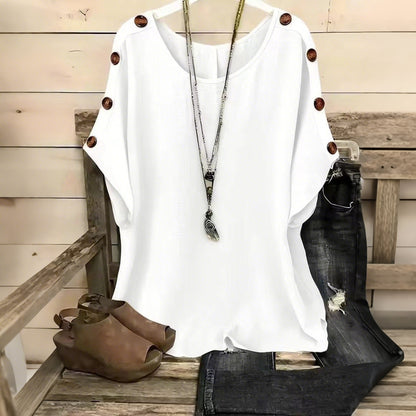 Cardydony Women's Solid Color Round Neck Loose Button Design T-shirt
