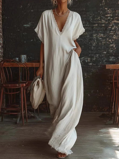 Cardydony Women's Elegant Lace-trimmed Linen-cotton Maxi Dress