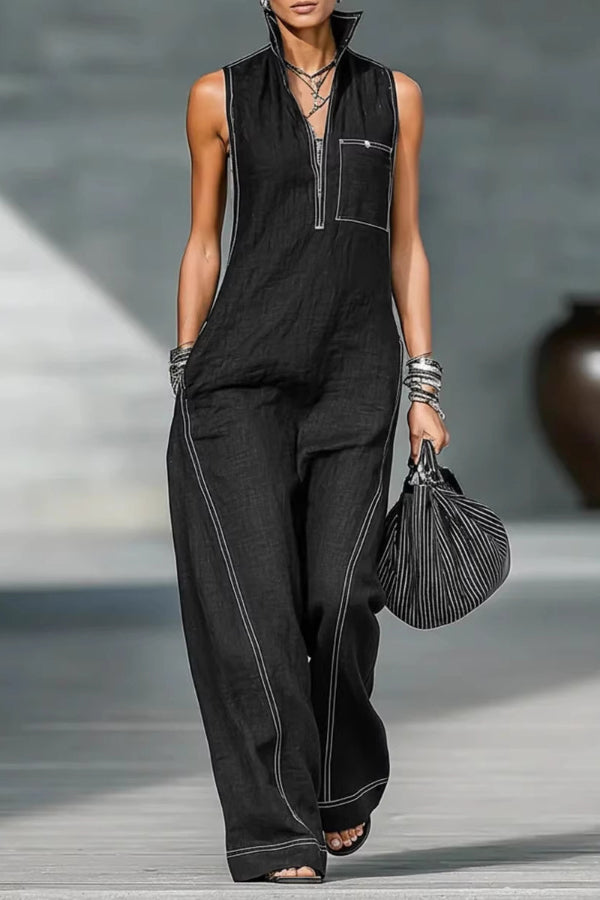 Cardydony Women's Solid Color Sleeveless Stand Collar Casual Pocket Loose Wide-leg Jumpsuit