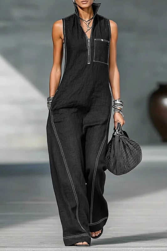 Cardydony Women's Solid Color Sleeveless Stand Collar Casual Pocket Loose Wide-leg Jumpsuit