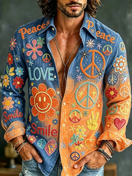 Comstylish Men's Hippie Style Floral Embroidered Gradient Casual Long Sleeve Shirt