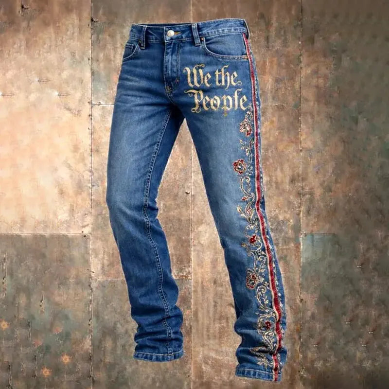 Cardydony Men's Retro American Independence Day Pattern Casual Jeans