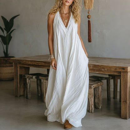 Cardydony Loose Solid Color Lapel Casual Short-sleeved Cotton Linen Dress