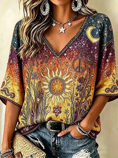 Cardydony Boho Hippie Sun Moon Peace Sign Rhinestone V-neck Blouse, Retro Music Note Floral 3/4 Sleeve Casual Top For Women