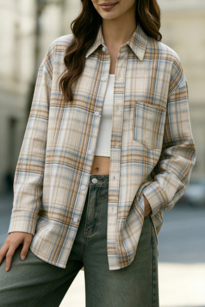 Cardydony Women's Stylish Plaid Collared Long-sleeved Pockets Casual Loose Shirt