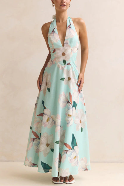 Cardydony Women's Floral Print V-neck Backless Tie-up Fitted Waist Elegant Maxi Dress