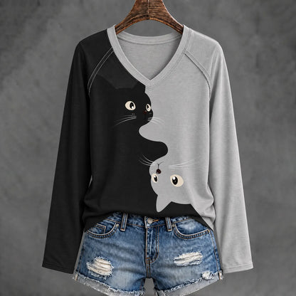 Cardydony Women's Abstract Cat Art Print Casual Long-sleeve T-shirt