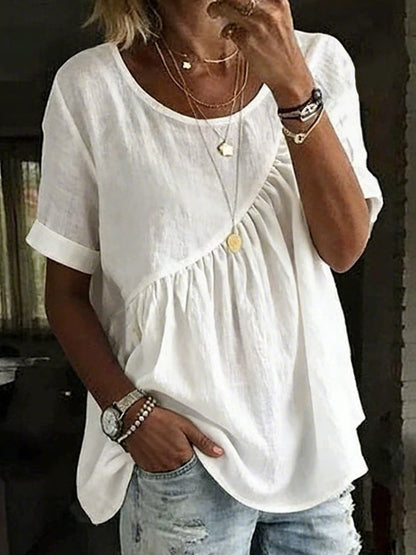Cardydony Women's Vintage Irregular Pleated Design Short Sleeves Round Neck Linen T-shirt