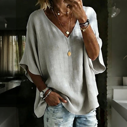 Cardydony Women's Solid Color V-neck Linen Blend Loose T-shirt