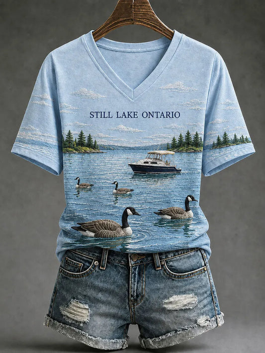 Cardydony Women's Lake Ontario Casual Art Printed T-shirt
