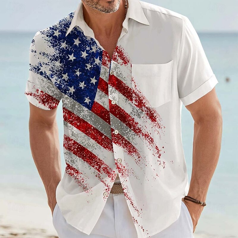 Cardydony Men's Retro Us Flag America's 250th Anniversary Print Pocket Button Up Shirt