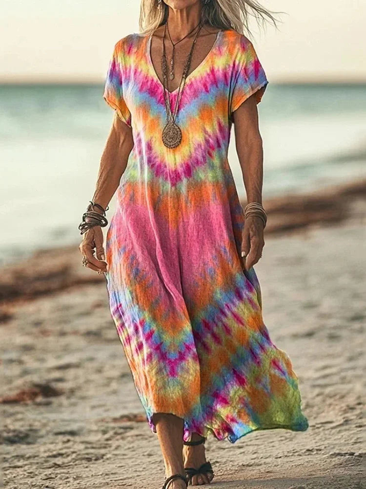 Cardydony Women's Retro Colorful Heart Tie-dye Print Midi Dress