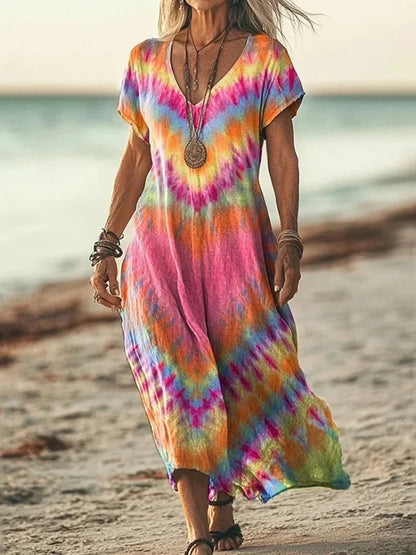 Cardydony Women's Retro Colorful Heart Tie-dye Print Midi Dress