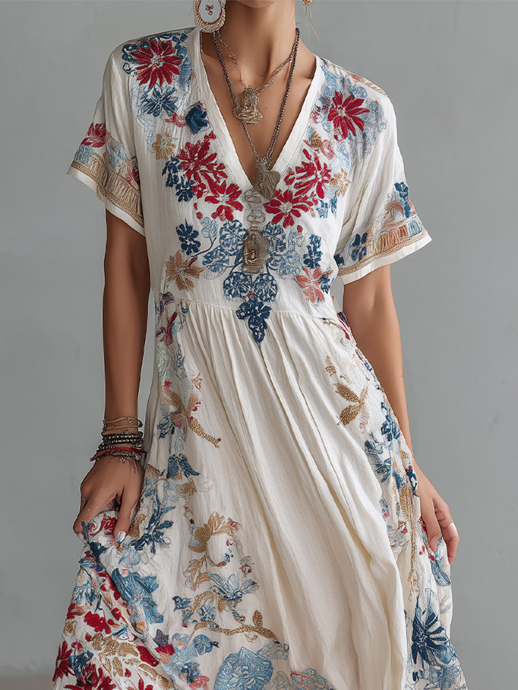 Cardydony Women Bohemian Floral Embroidered V-neck Maxi Dress