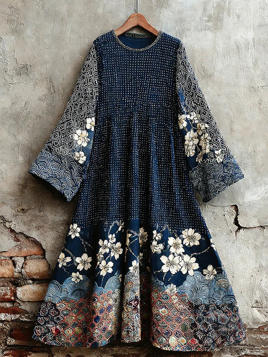 Cardydony Women's Traditional Japanese Sashiko Art Round Neck Dress