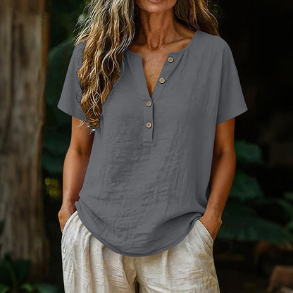 Cardydony Solid Color Linen Short-sleeved Half-front Button-up Shirt