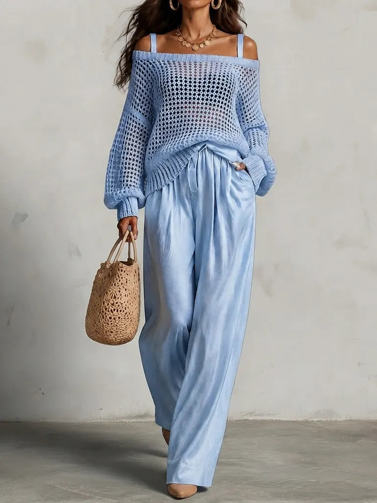 Cardydony Elegance Two-piece Set: Openwork Knit Top And Wide-leg Pants