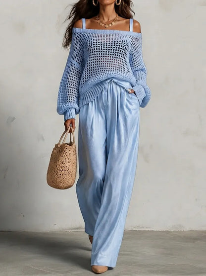 Cardydony Elegance Two-piece Set: Openwork Knit Top And Wide-leg Pants