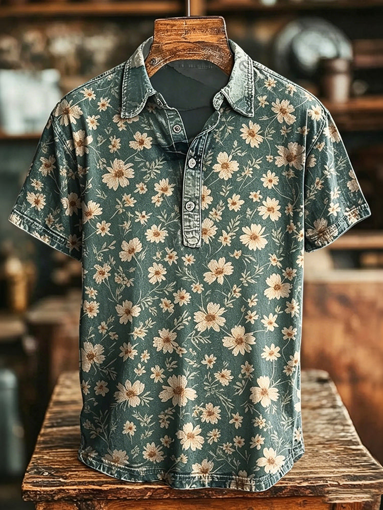 Cardydony Men's Retro Elegant Daisy Print Polo Shirt