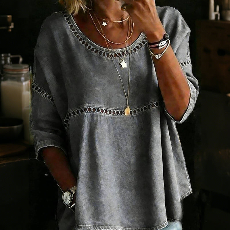 Cardydony Casual Hollowed-out Lace Patchwork Round Neck Top