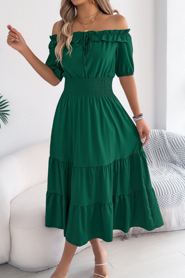 Cardydony Women's Stylish Off-shoulder Short-sleeved Pleated Waist Casual Midi Dress