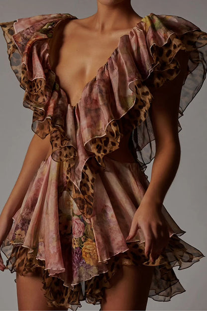 Cardydony Women's Dreamy Island Floral Leopard Print Cutout Waist Tiered Ruffles Mini Dress