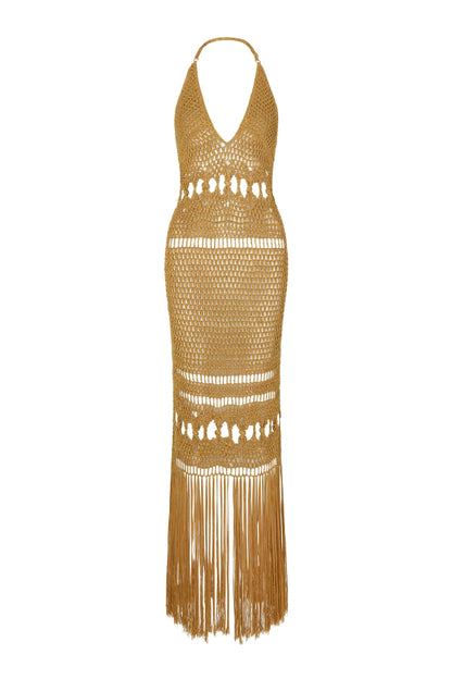 Cardydony Women's Fashionable Open-knit Backless Elegant Tassel Hem Vacation Cover-up Maxi Dress
