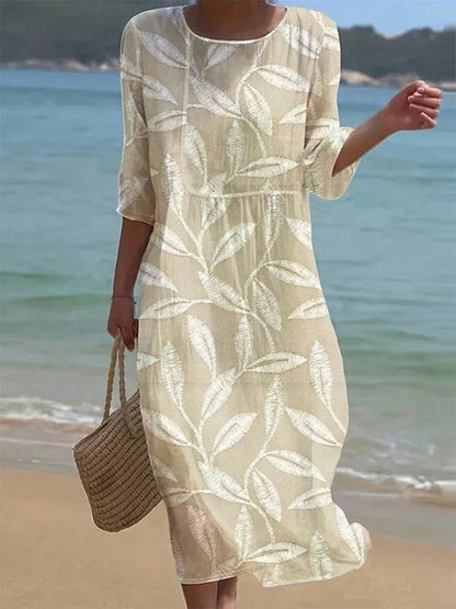 Cardydony Women's Leaf Print Linen Blend Midi Dress