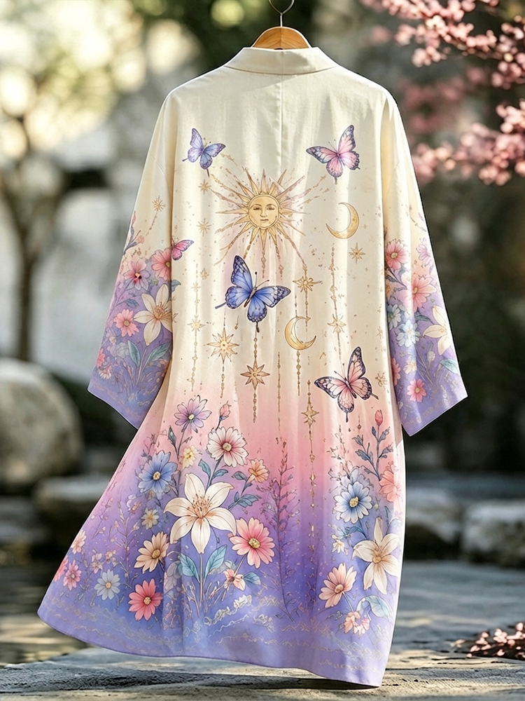 Cardydony Women's Casual Open-front Long Cardigan With Celestial Sun, Moon, Butterflies, And Ombre Floral Print
