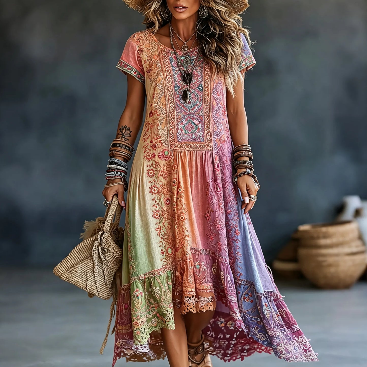 Cardydony Women's Vintage Floral In Hippie Rainbow Art Print Flowy Linen Blend Linen Blend Maxi Dress