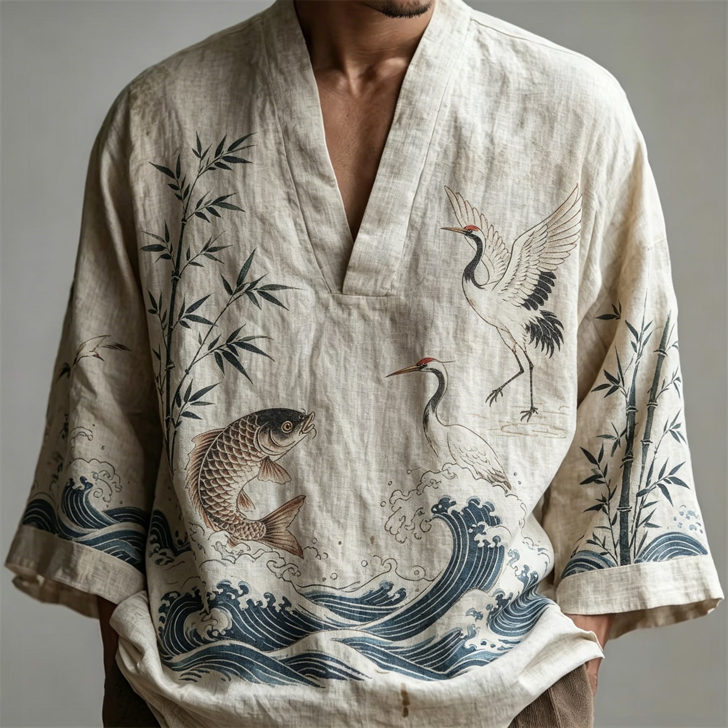 Cardydony Men's Japanese Bamboo Crane Wave Design Short-sleeve Top